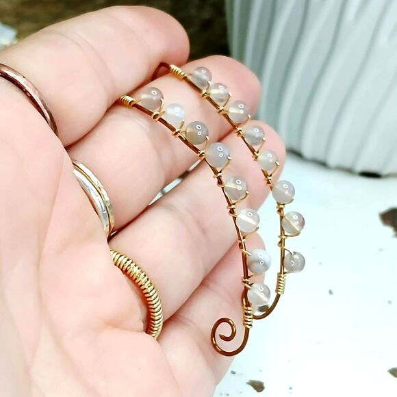 Agate Crystal Beaded Drop Earrings, Bronze Gemstone Wire Earrings, 2.25" - Picture 4 of 4